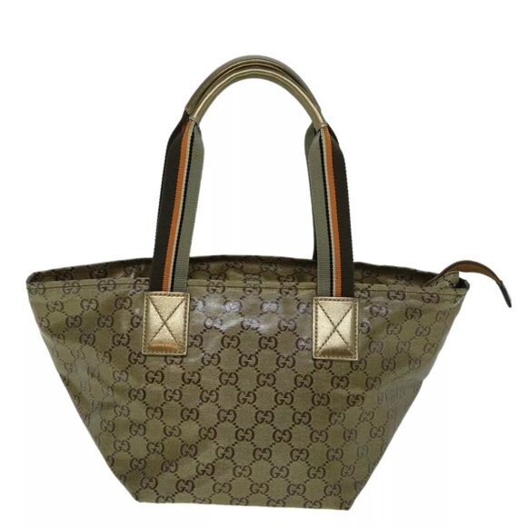 GUCCI GG Crystal Sherry Line Tote Bag Gold Tone Brown gray 131228 Auth - Picture 1 of 14